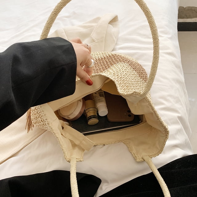 Bolsa de hombro para mujer con borlas tejido de paja de color de contraste para fiesta (Beige) Ndcxsfigh Para Estrenar