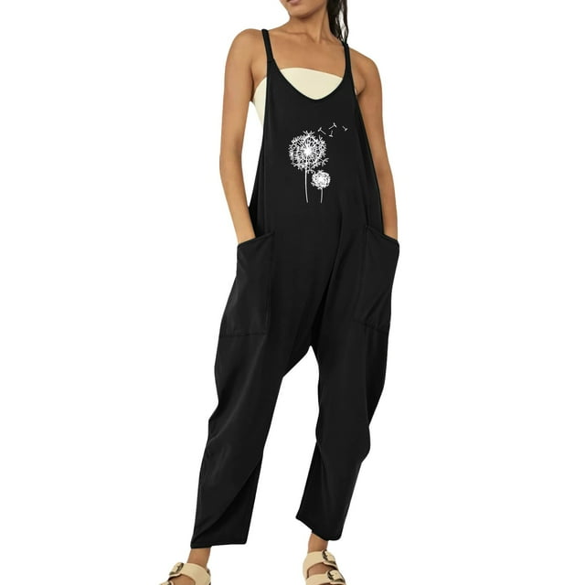 Gibobby pantalones siameses Monos holgados con tirantes y estampado Floral, informales, sin mangas, para verano, para mujer, mono largo con bolsillos(Negro, S)
