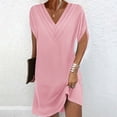 thumbnail image 2 of Ashirexll Summer Dresses for Women Midi Dresses Women's Solid Color Short Sleeve V-Neck Pleated Batball Sleeve Dress, 2 of 6