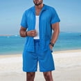 thumbnail image 6 of Men Mesh 2 Piece Outfits See Through Casual Shirts and Shorts Hollow Out Mid Shorts Set Royal Blue XXXL, 6 of 9