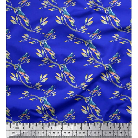 Soimoi Cotton Cambric Fabric Branch,Leaves & American Goldfinch Bird Printed Craft Fabric by The Yard 42 Inch Wide