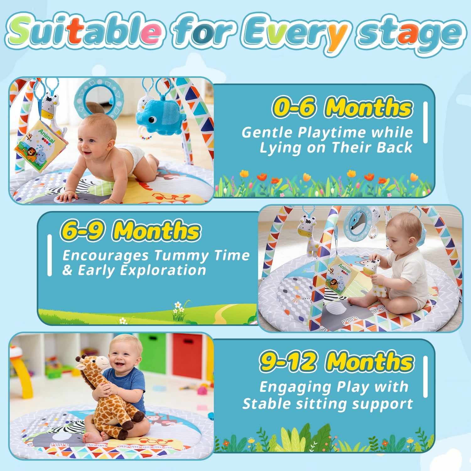 JoyStone Baby Gym Play Mat Activity Mat with 5 Detachable Toys, Round Tummy Time Play Mat for Newborns & Infants 0–12 Months