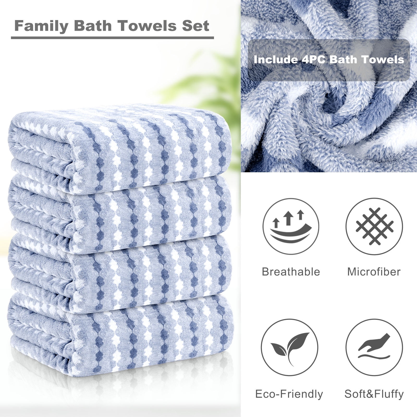 Sanmadrola Bath Towels Set, 35x70 Inch 4 Pieces Large Shower Towels -700 GSM High Absorbent Quick Dry Blue Bath Sheets for Bathroom, Gym, Hotel