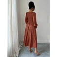 thumbnail image 6 of Autumn Women'S Long Sleeve Ruffled Round Neck Layered Flowing Wedding Guest Maxi Dress Brown M, 6 of 7