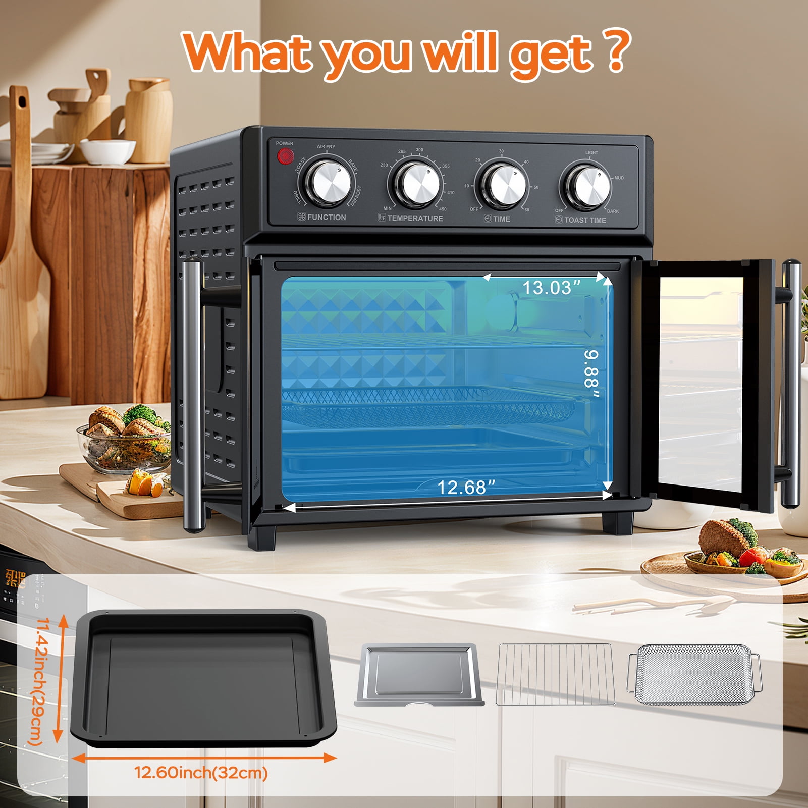 27.5QT Black Air Fryer Oven – 3-Layer Simultaneous Baking, 7 Presets, Double-Door Design for Family Meals