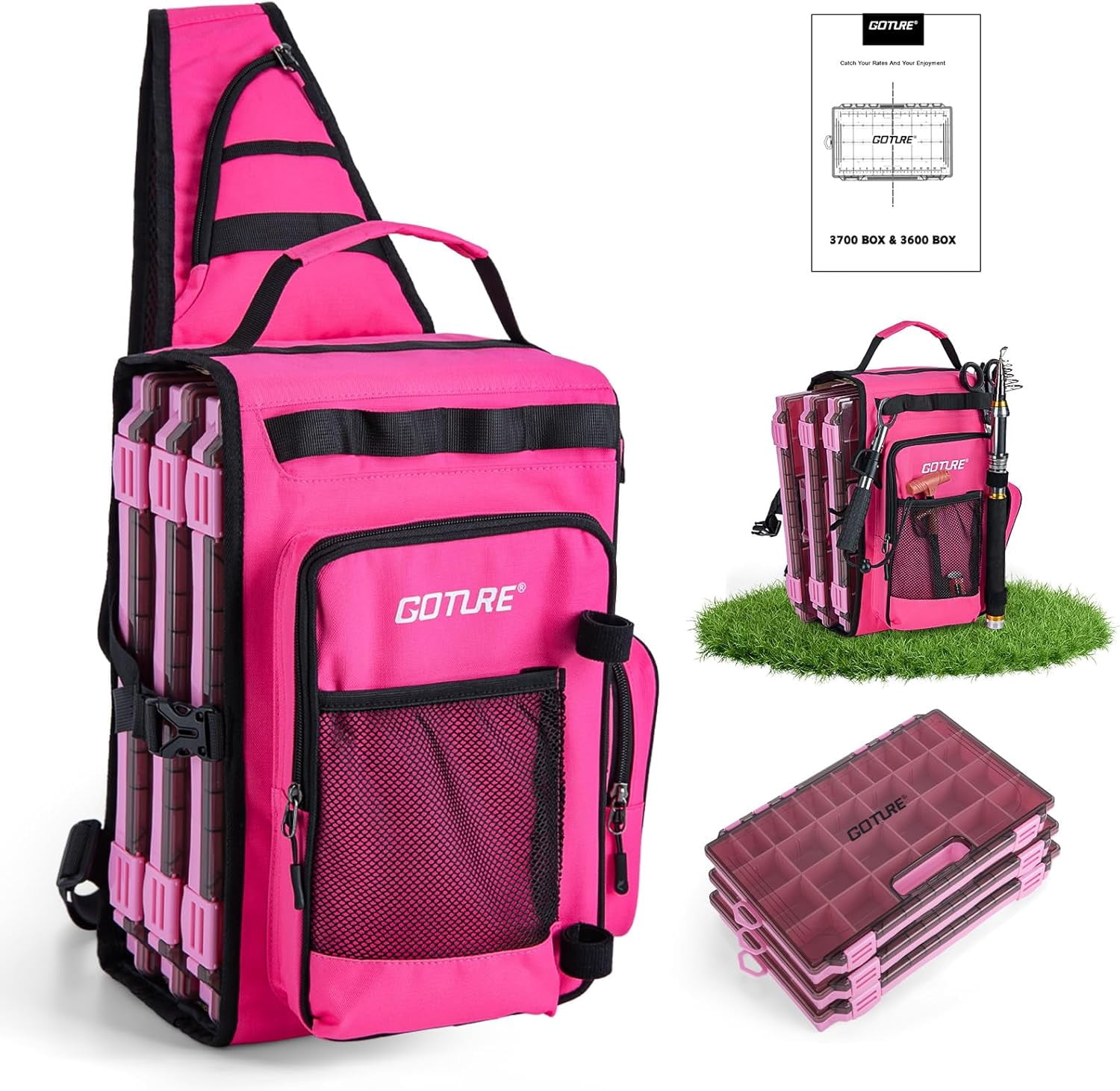 OpenSide Tactical Sling Tackle Bag with 3 3700 Trays Lightweight Fishing Backpack Storage Gear Pink