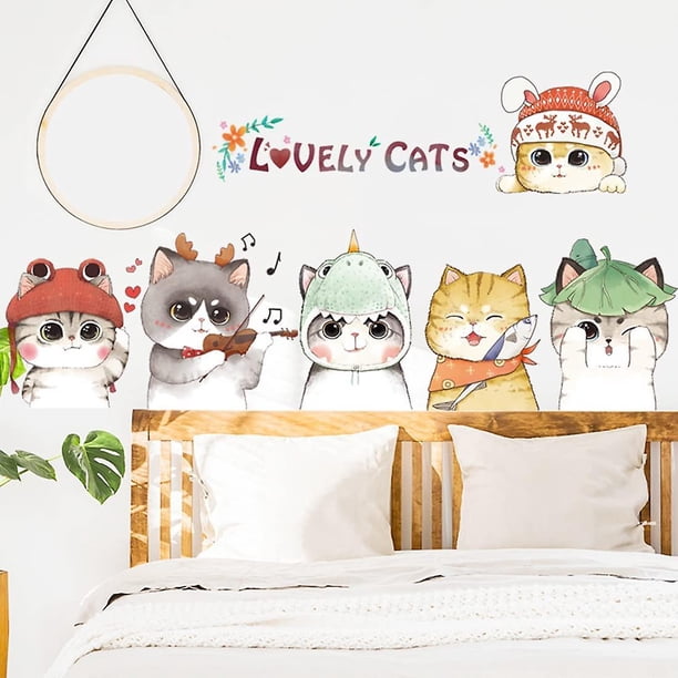 Pegatinas de pared de gatitos y gatos de Buerhomie, arte de pared de guardería de anime, murales de pared para bebés, decoración de dormitorio para niños, arte de pared de póster para decoración