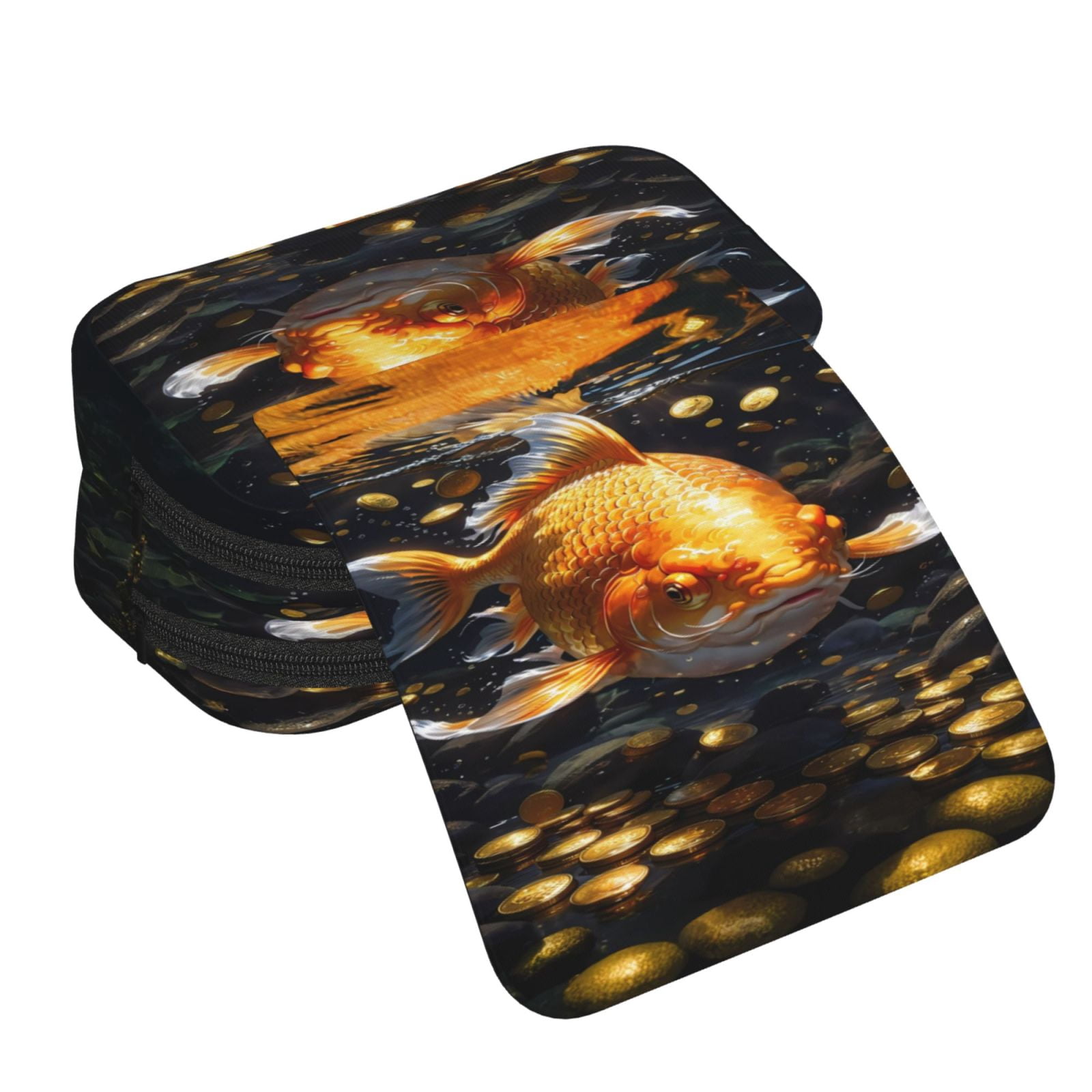 Rateoe Golden Koi And Treasure Pattern Double Clamshell Pen Case, Storage Organizer with Two Zipper Compartments– Holds Up to 50 Pencils & Pens