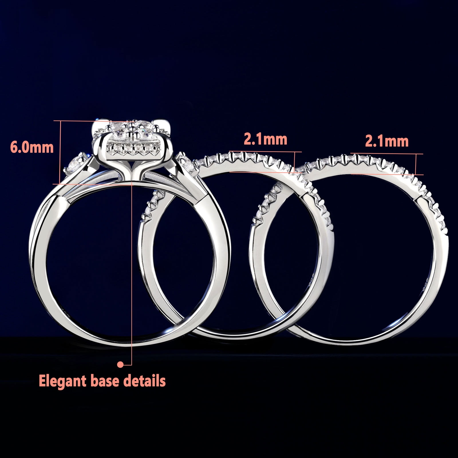 SHELOVES 3Pcs Round White Cubic Zirconia Princess Halo Wedding Ring Set Solid Sterling Silver Vintage Style Size 8