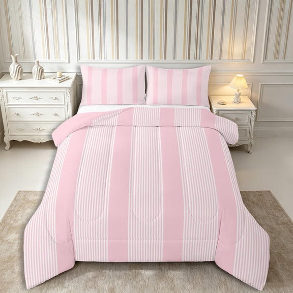 Castle Fairy Boho Thin Vertical Stripe Full Size Comforter Sets 3-Piece,Tribal Wide Band Bedding Comforter Set,Pale Pink White,Reversible,1 Comforter and 2 Pillowcases