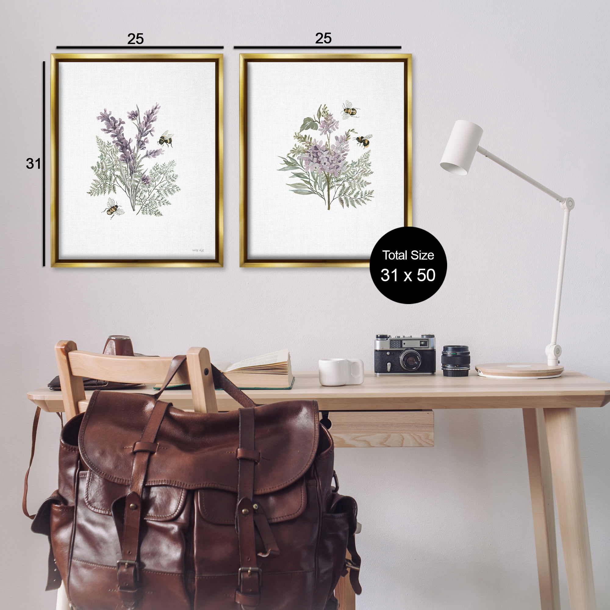 Stupell Industries Purple Floral Ferns Bees Plants & Flowers Painting Gold Floater Framed Canvas Art Print Wall Art, 31 x 25, Set of 2
