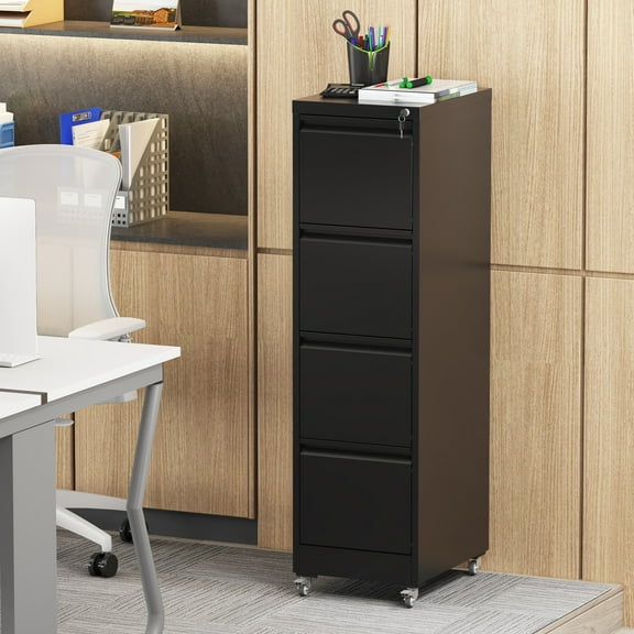 4 Drawer Metal Locking Vertical File Cabinet on Wheels – Heavy-Duty Lockable Cabinet for Home & Office, Black, 17.71"D*15.16"W*52.28"H,Black