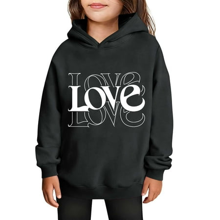 FAWUUDO Kids Valentines Day Printed Hoodie Long Sleeve Pullover Casual Big Youth Size Graphic Winter Fall Holiday Gift Idea Black 4-5 Years