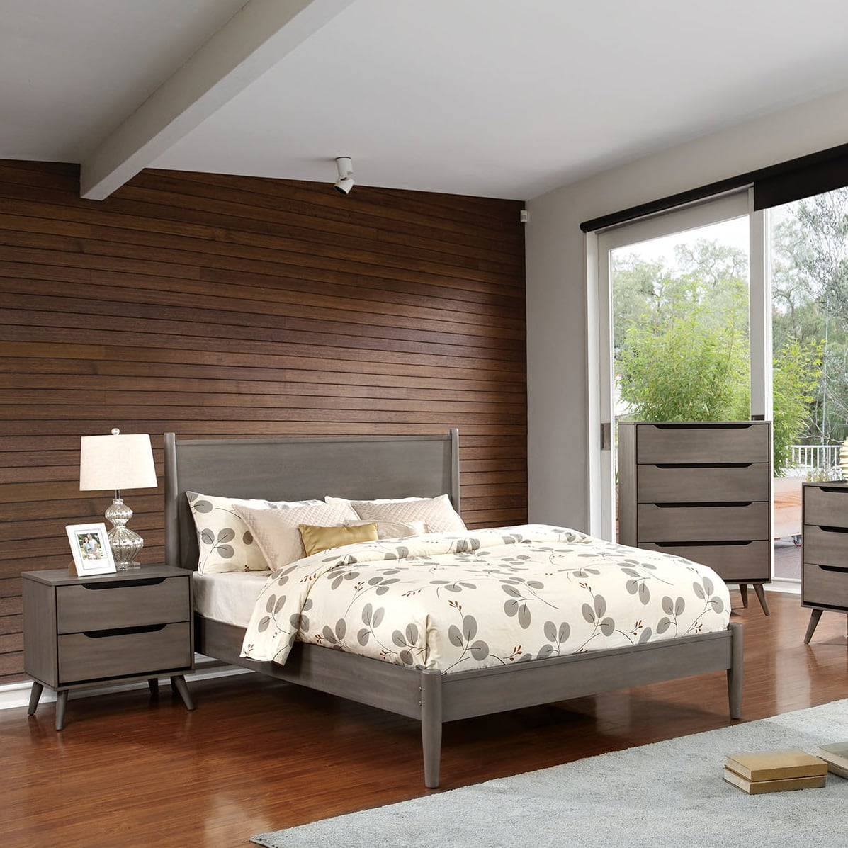 Mid-Century Modern Gray California King Size Bed 2x Nightstands 3pc ...