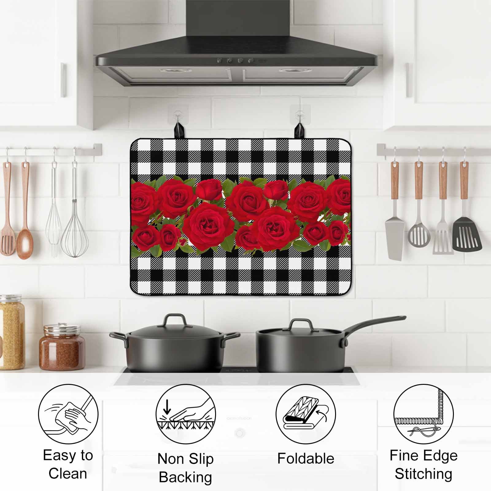 Valentine's Day Stove Top Cover for Electric Stove, Heat-proof & Non Slip Glass Top Stove Cover Protector, Red Roses Floral Leaves Buffalo Plaid Kitchen Flat Cooktop Rubber Mat 24x21 Inches
