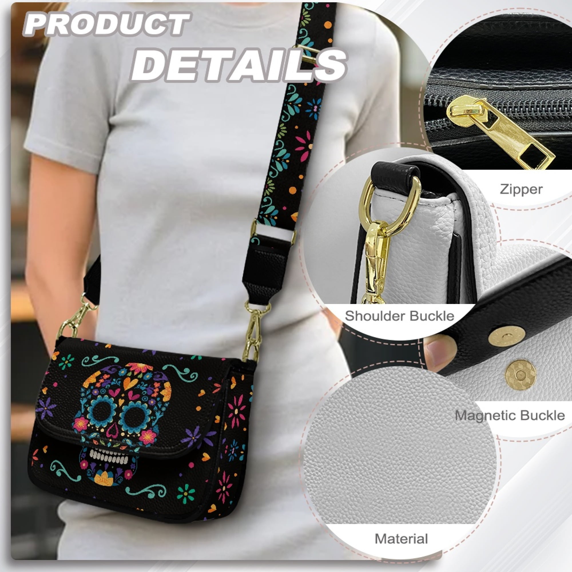 TSOVTHRID Sugar Skull Floral Print Crossbody Purses for Women Trendy, Crossbody Bags, Cell Phone Camera Leather Shoulder Handbags with Magnetic Buckle