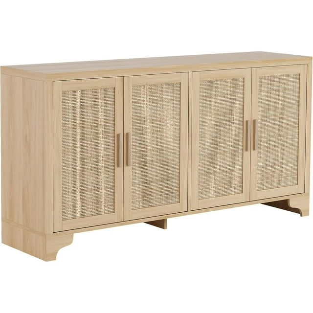 Bingirl Natural Rattan Sideboard Buffet Cabinet with Storage, Farmhouse Large Rattan Cabinet with 4 Doors, Wood Accent Coffee Bar Buffet Console Tables