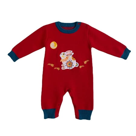 

Baby Girl Boy Bunny Calendar Chinese New Year Red Long Sleeve Knitted Romper Winter Warm Jumpsuit Sweater Outfits