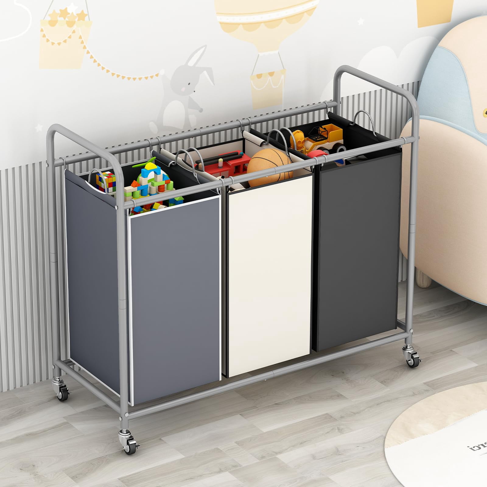SUOERNUO 3-Bag Laundry Sorter Cart with Wheels – Heavy Duty Rolling Hamper with Removable Bags for Laundry Room Organization (Assorted)