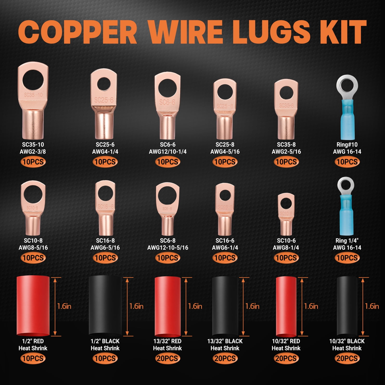 Filluck 220PCS Wire Connectors Kit, Heavy Duty Copper Wire Lugs AWG 2 4 6 8 10 12 with Heat Shrink Tubing, Ring Battery Terminal Connectors for Automotive, RV, Marine, Solar Systems