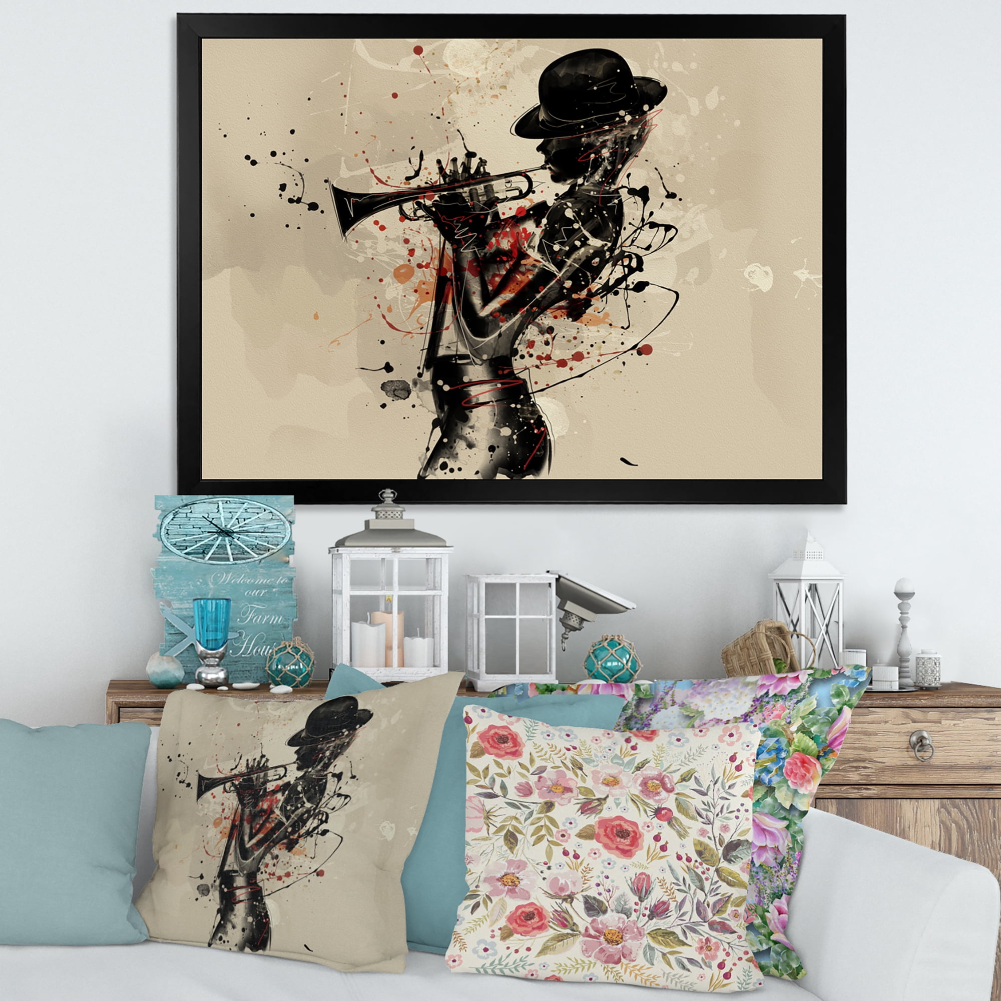 Designart 'Girl Playing Jazz Trumpet' Modern Framed Art Print