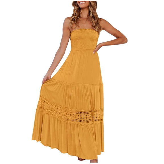 Elainilye Fashion Women's Casual Dresses Summer Casual Beach Tube Top Sleeveless Solid Lace Dress,Yellow