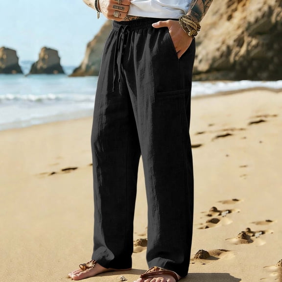 CQONEPT Mens Cotton Linen Cargo Pants Baggy Casual Wide Leg Pant Elastic Waist Drawstring Joggers with Pockets Black S