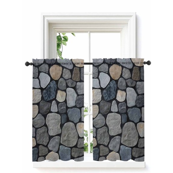 Rustic Stone Wall Curtains 45 Inch Length, Sheer Curtains for Bedroom Living Room Window Farmhouse Natural Country Art Rod Pocket Voile Drapes Kitchen Curtains Small Half Window 42"x45" 2 Panels