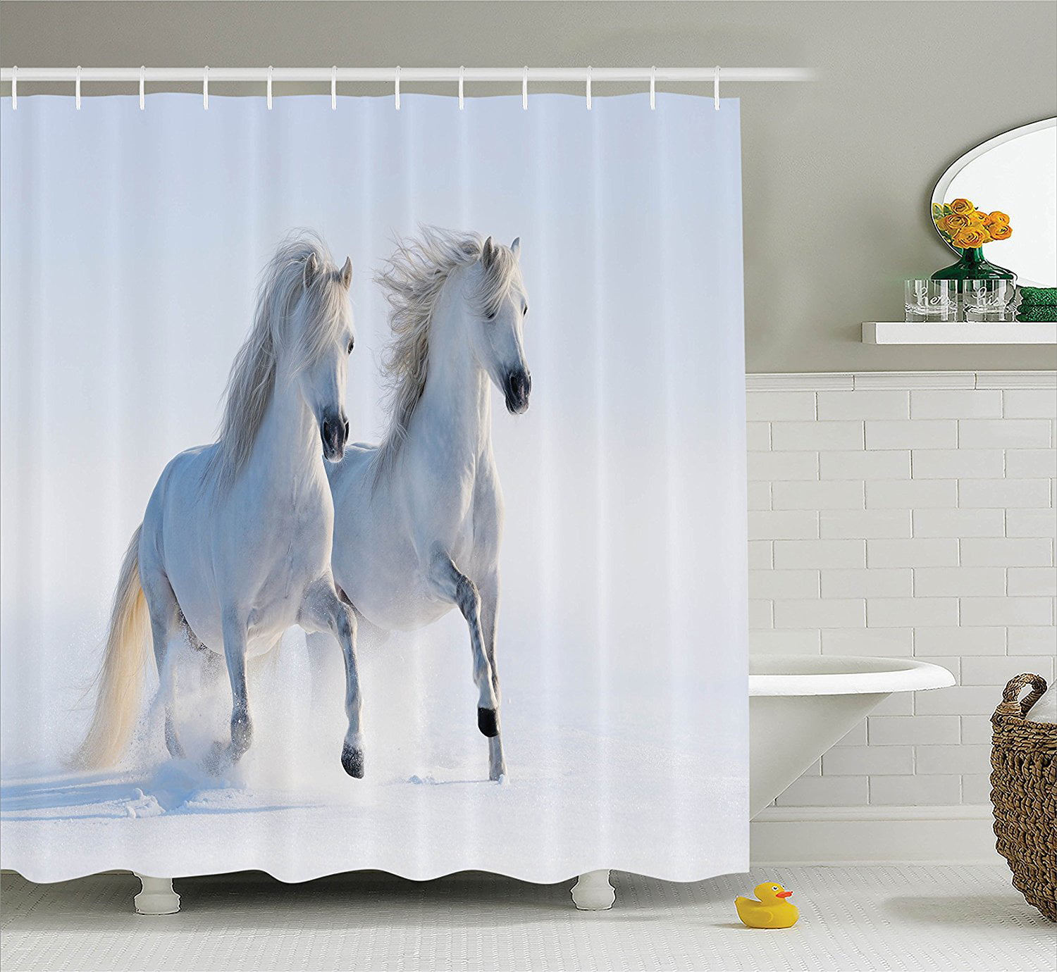 Watercolor Cottage Flowers Green Grass Horses Shower Curtain Set Bathroom Decor 