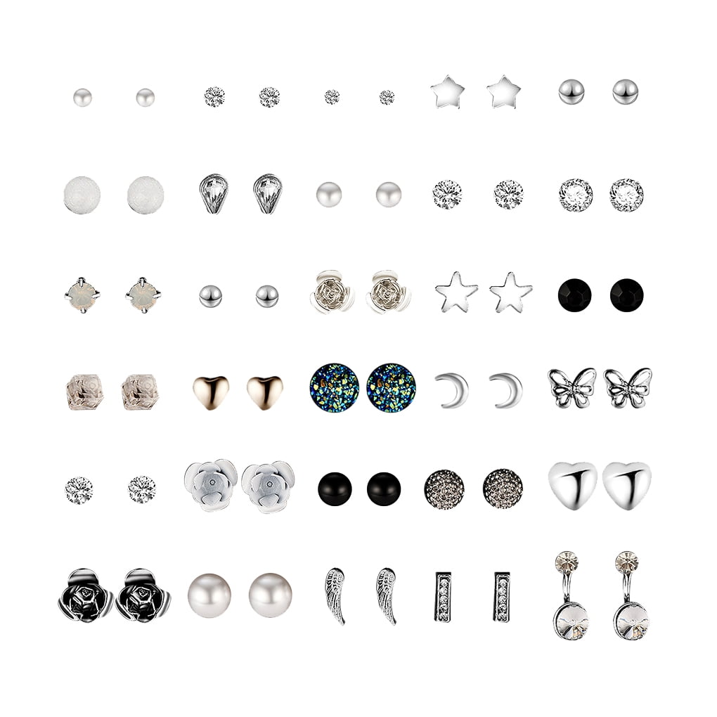 24 Pairs Fashion Rhinestone Crystal Pearl Earrings Set Women Ear Stud Jewelry