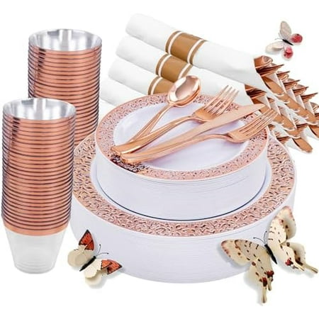 50 Guests Dinnerware Sets, Gold Plastic Plates，Platos Para Fiestas Elegantes Desechables Include:50 Dinner Plates, 50 Dessert Plate, 150 Pcs Gold Plastic Silverware, 50 Cups for Party