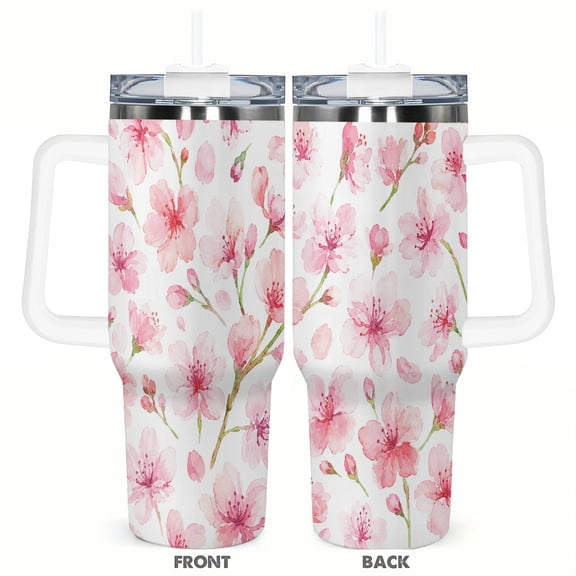 40oz Pink Cherry Blossom Travel Tumbler with Handle and Straw Lid Floral Insulated Car Coffee Cup Gift for Women
