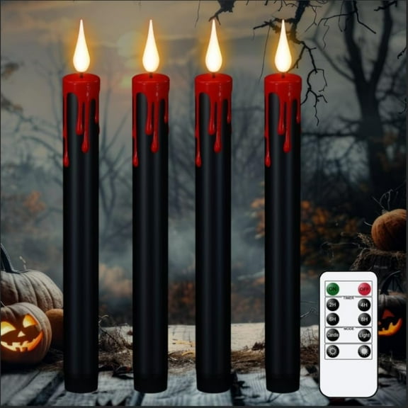 Halloween Black Flameless Taper Candles with Remote Timer, 6Pcs Red Drip LED Candlesticks with 3D Flickering Flame for Home Fall Indoor Halloween Decor(0.78 x 8.9 Inches)