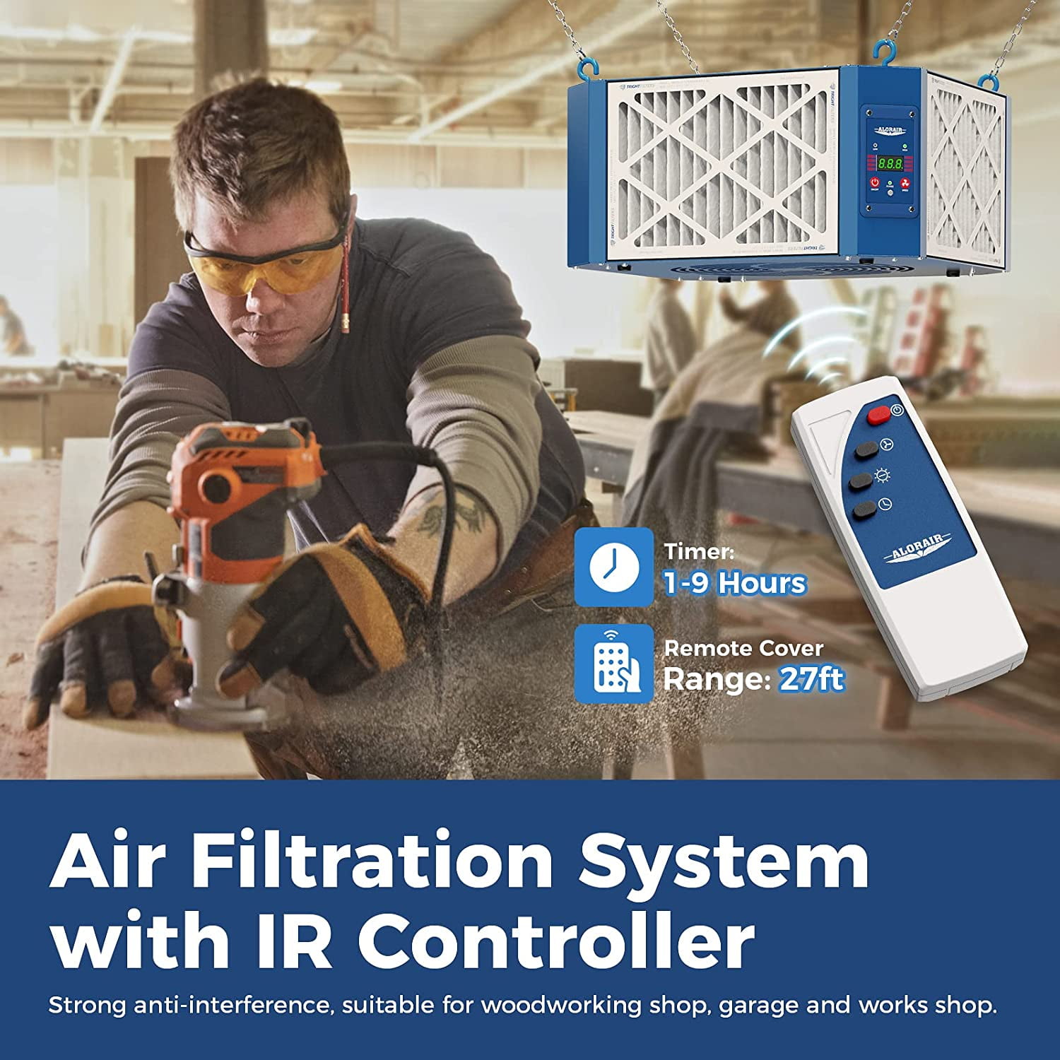 ALORAIR 360 Degree Intake Air Filtration System Woodworking - (1050/1350 CFM) with Strong Vortex Fan, Hanging Mode for Garage Works Shop, Shop Dust Collectors, Purecare 1350