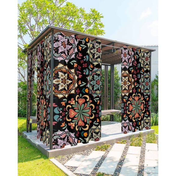 Black Boho Outdoor Curtains for Patio, Ethnic Country Colorful Abstract Floral Motifs Privacy Drapes Grommet Waterproof Outside Curtains for Porch/Cabana/Balcony 54"x 95", 2 Panel