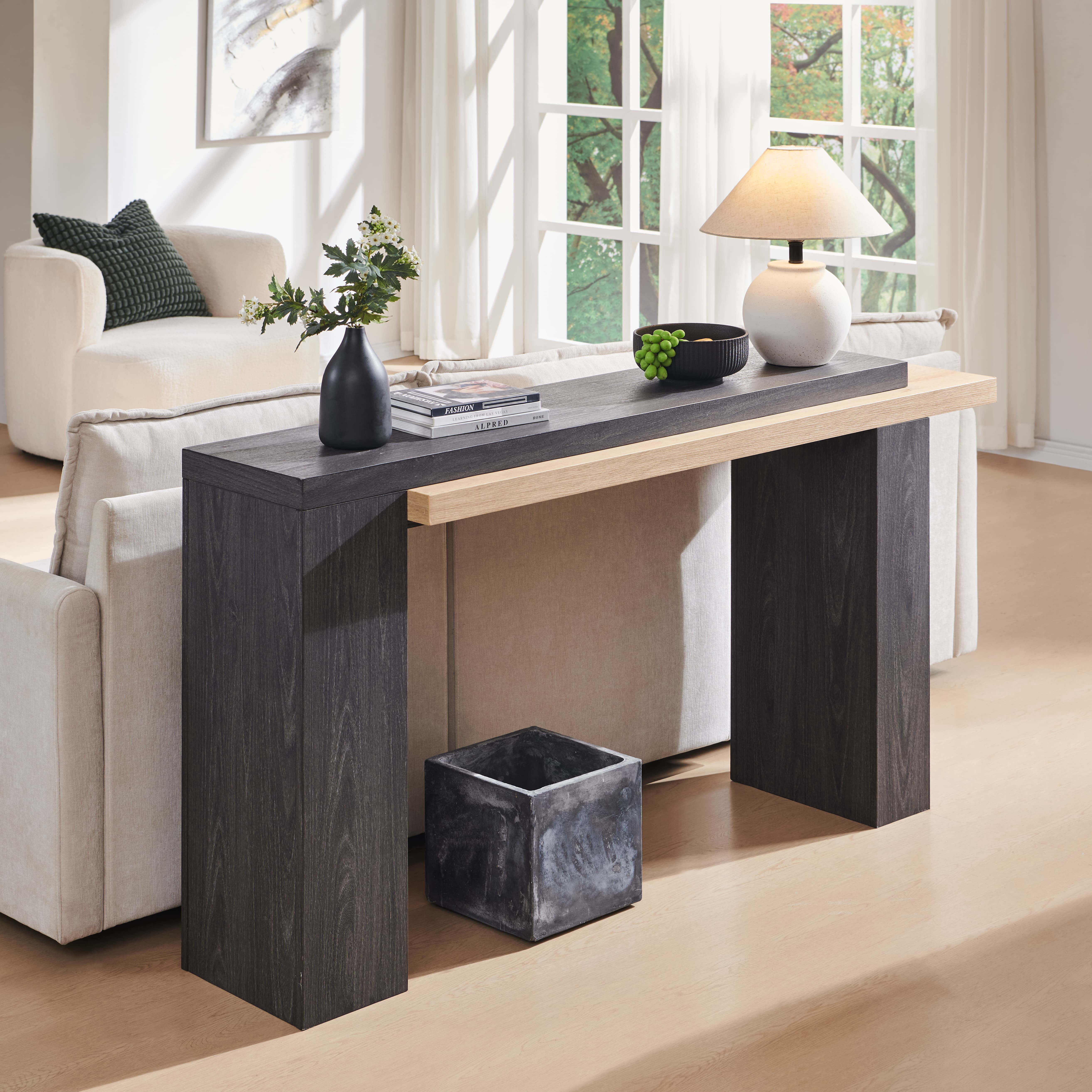 KeyWhat 63" Entryway Console Table, Wooden Modern Sofa Table Behind Couch, Dual-Level Countertop Design for Hallway, Entryway, Living Room, Natural Oak & Dark Alder