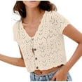 thumbnail image 2 of Cardigans for Women Trendy Dressy New Women Tie Front Crochet Tops V Neck Button up Short Sleeve Knitted Sweaters Lightweight Hollow Cardigan Beige L, 2 of 7