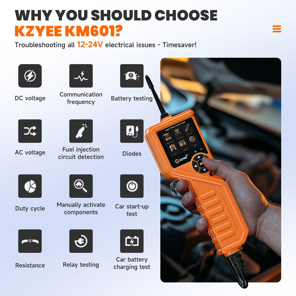 KZYEE KM601 Super Probe Circuit Tester, 12V 24V Automotive Power Circuit Probe Kit, Multimeter/Oscilloscope/Relay Test/Battery Test/Fuel Injector Test, Short Finder, 30FT Cable