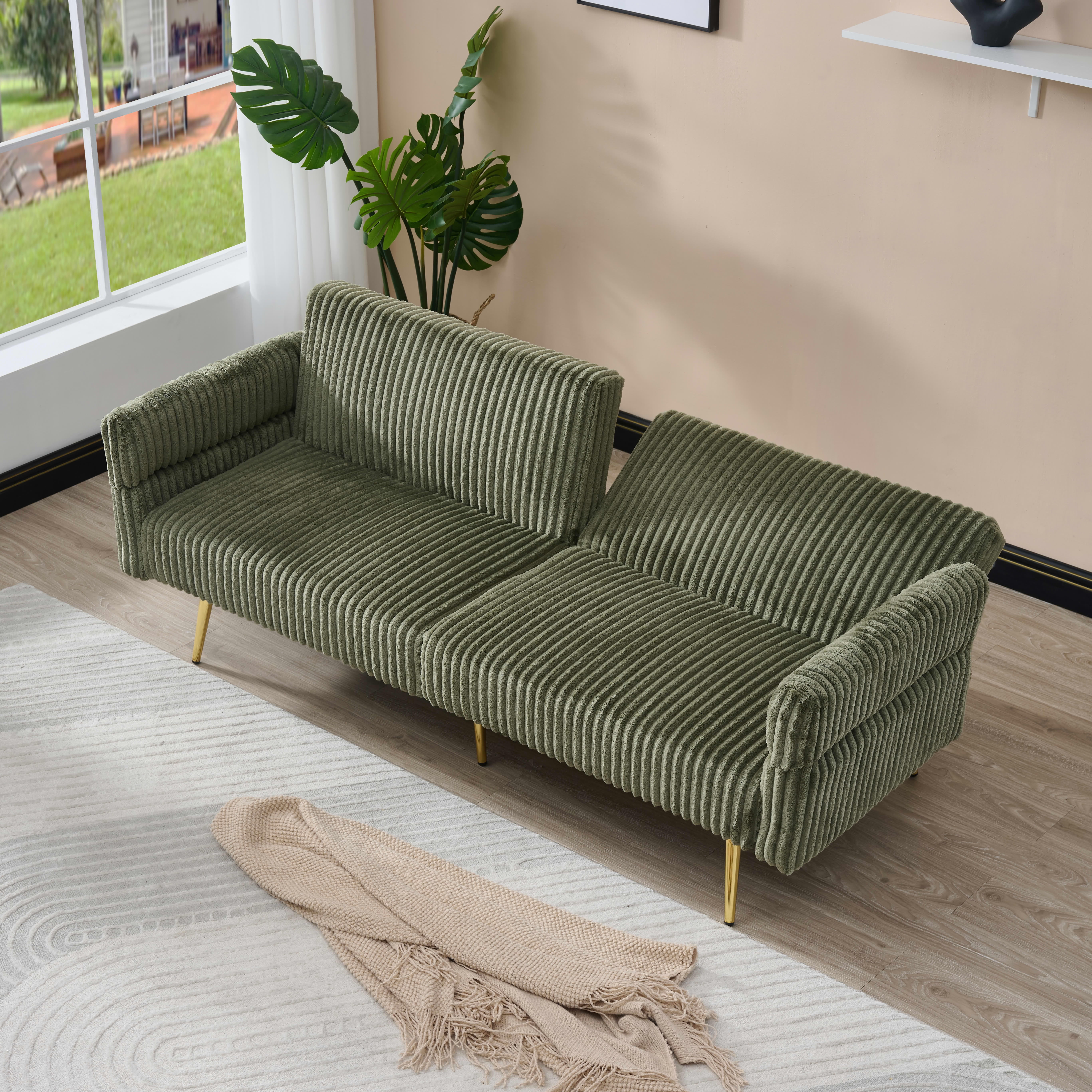 MAYEERTY 79" Green Corduroy Convertible Sofa Bed, Foldable Armrest Wood Frame Couch for Small Living Room