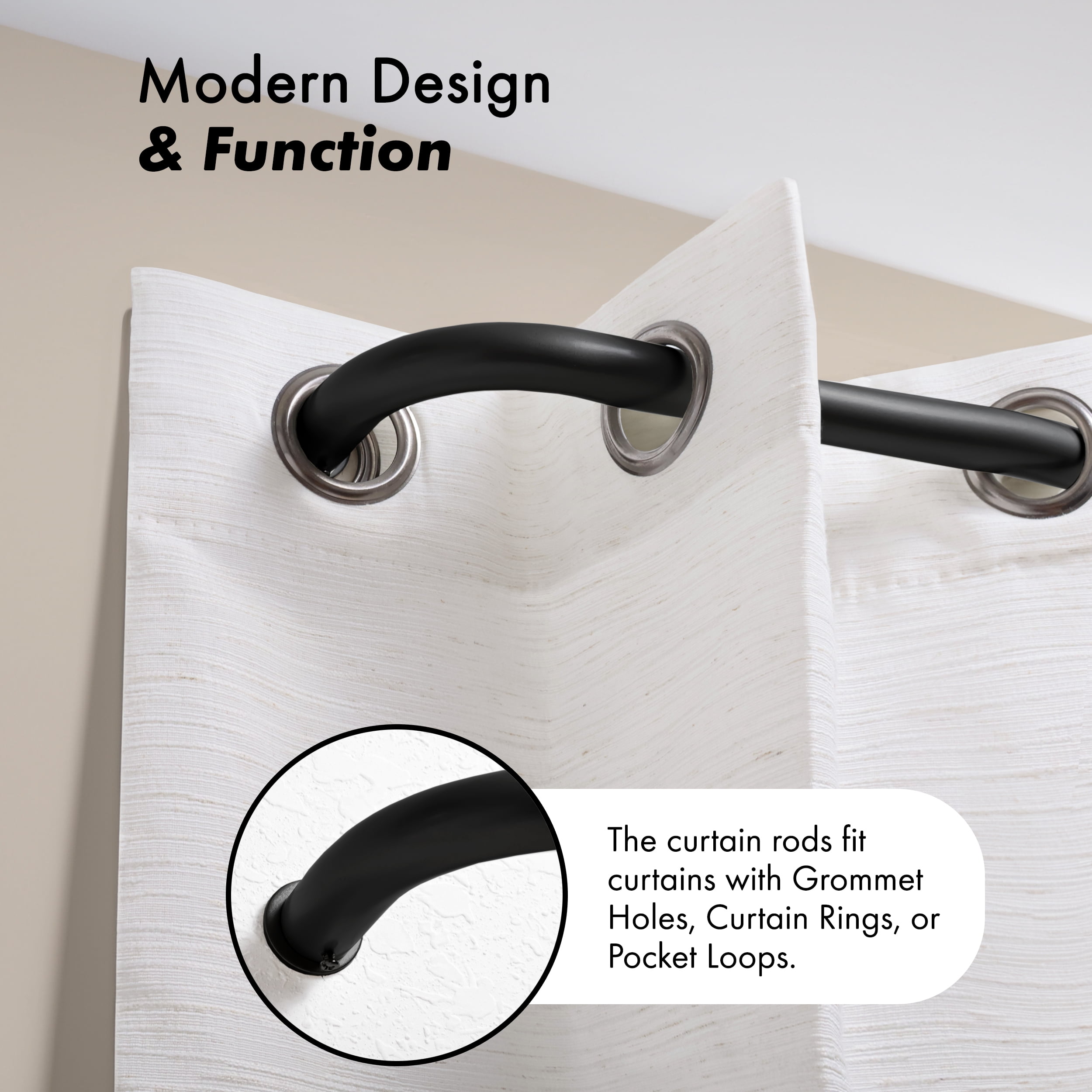 MERIVILLE 1" Bay Window Curtain Rod Set, Adjustable Side 20–37" and Center 38–72", Single Rod, Black