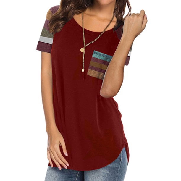 Guardurnaity Camiseta de mujer de manga corta a rayas con cuello Prendas para la parte del cuerpo Vino rojo M