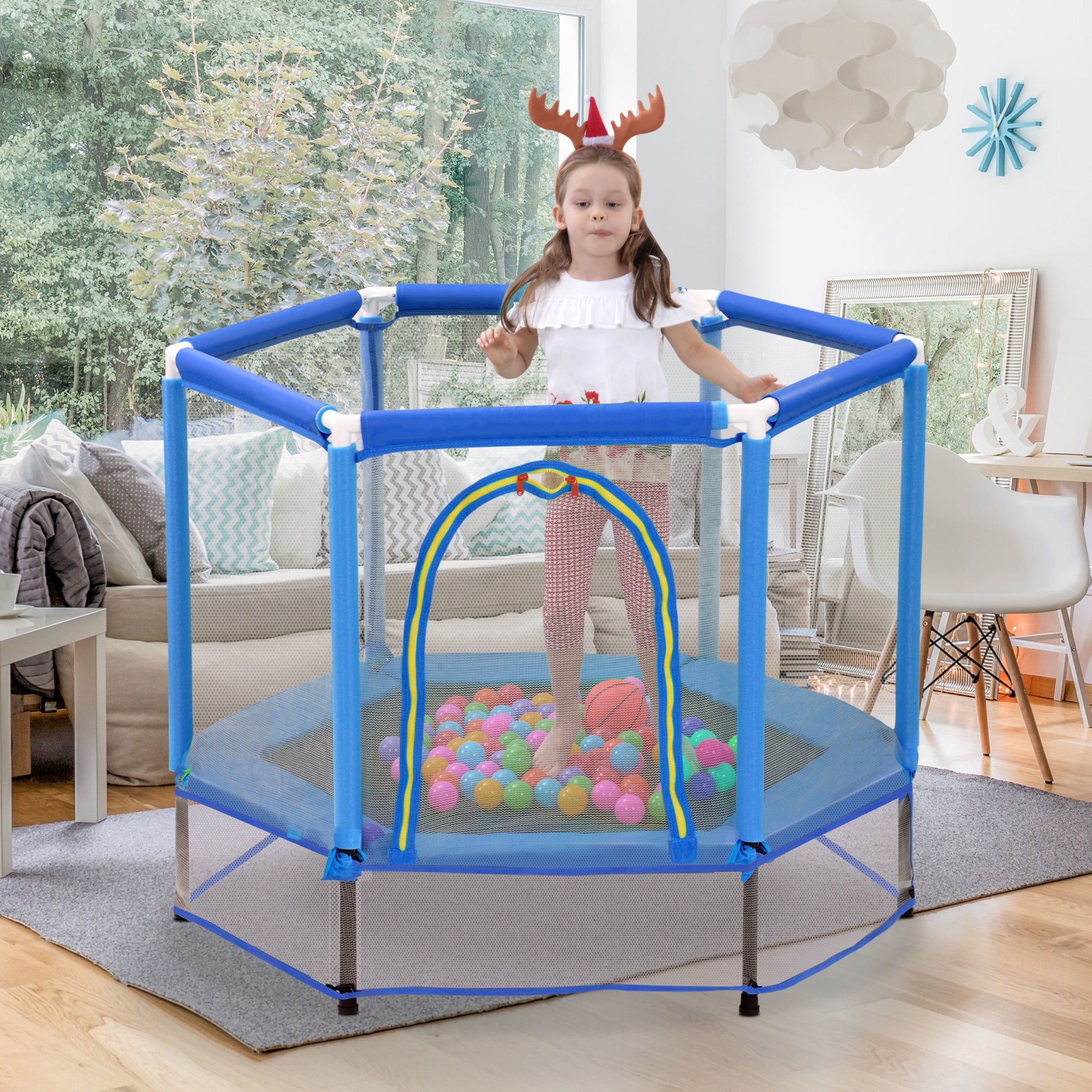 Noble House 55" Trampoline for Kids with Safety Enclosure Net & Ocean Balls, Blue