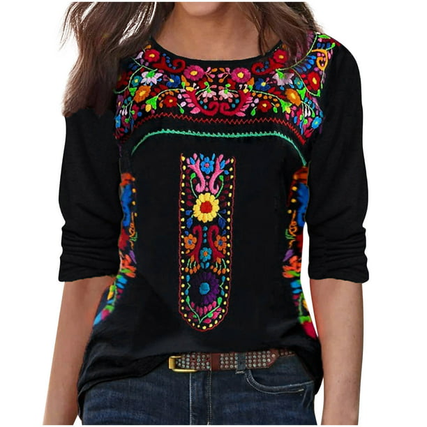 Mexican Peasant Blouses for Womens Boho Floral Long Sleeve Tee Shirts ...