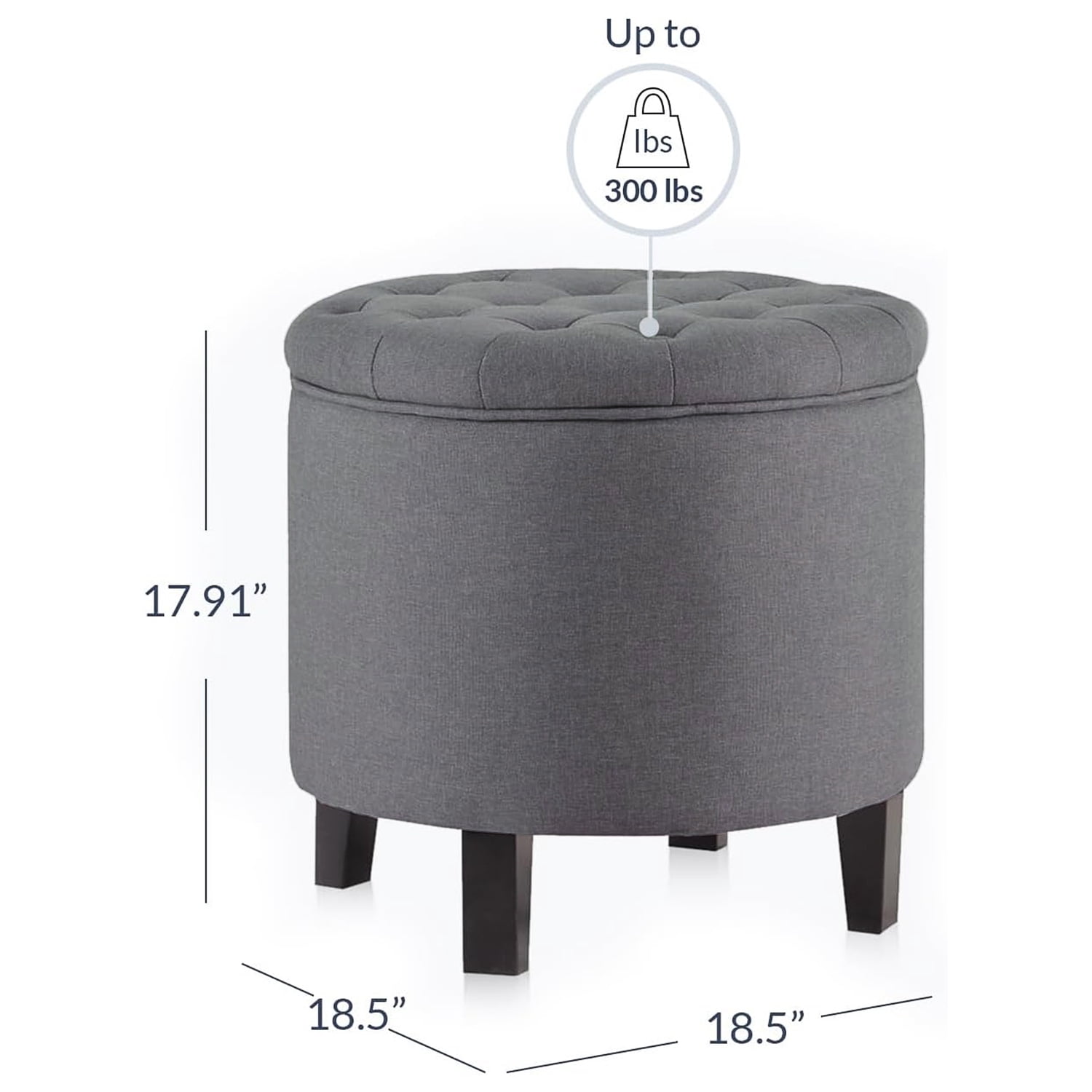 Belleze Nailhead Round Tufted Storage Ottoman Large Footrest Stool Lift Top, Gray