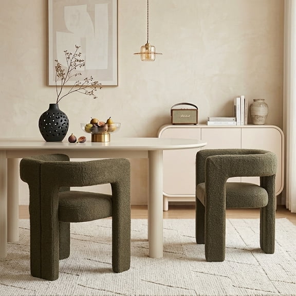 Guyou Modern Boucle Dining Chair Set of 2, Sherpa Upholstered Barrel Chair, Comfy Armchair with Open Backrest, Vanity Side Chair Accent Chair for Living Room Bedroom Dining Room, Green