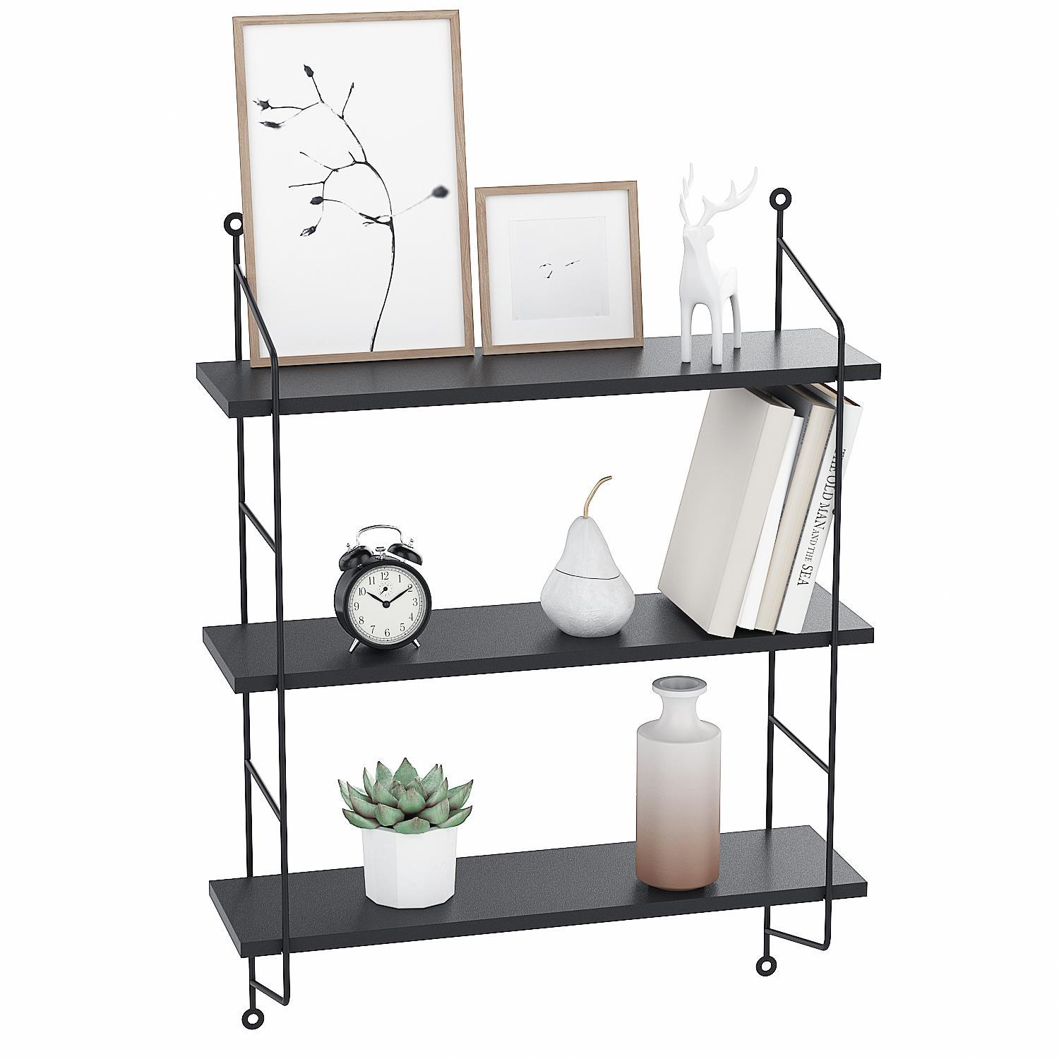 3 Tiers Floating Shelves Wall Mounted, Industrial Metal Frame Wood Wall