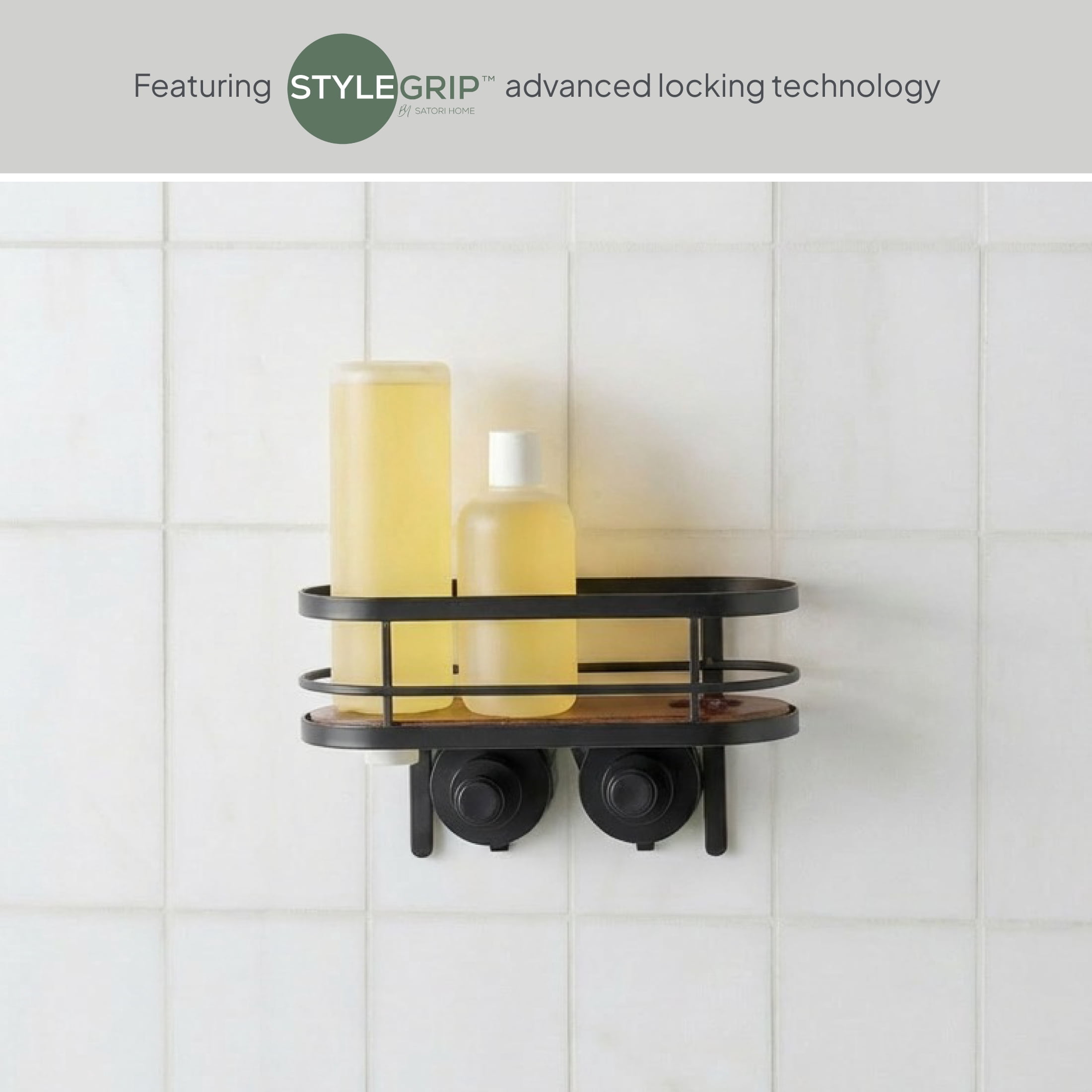 Better Homes & Gardens StyleGrip™ Suction Mount Shower Caddy with Carbonized Acacia Wood Tray, Matte Black