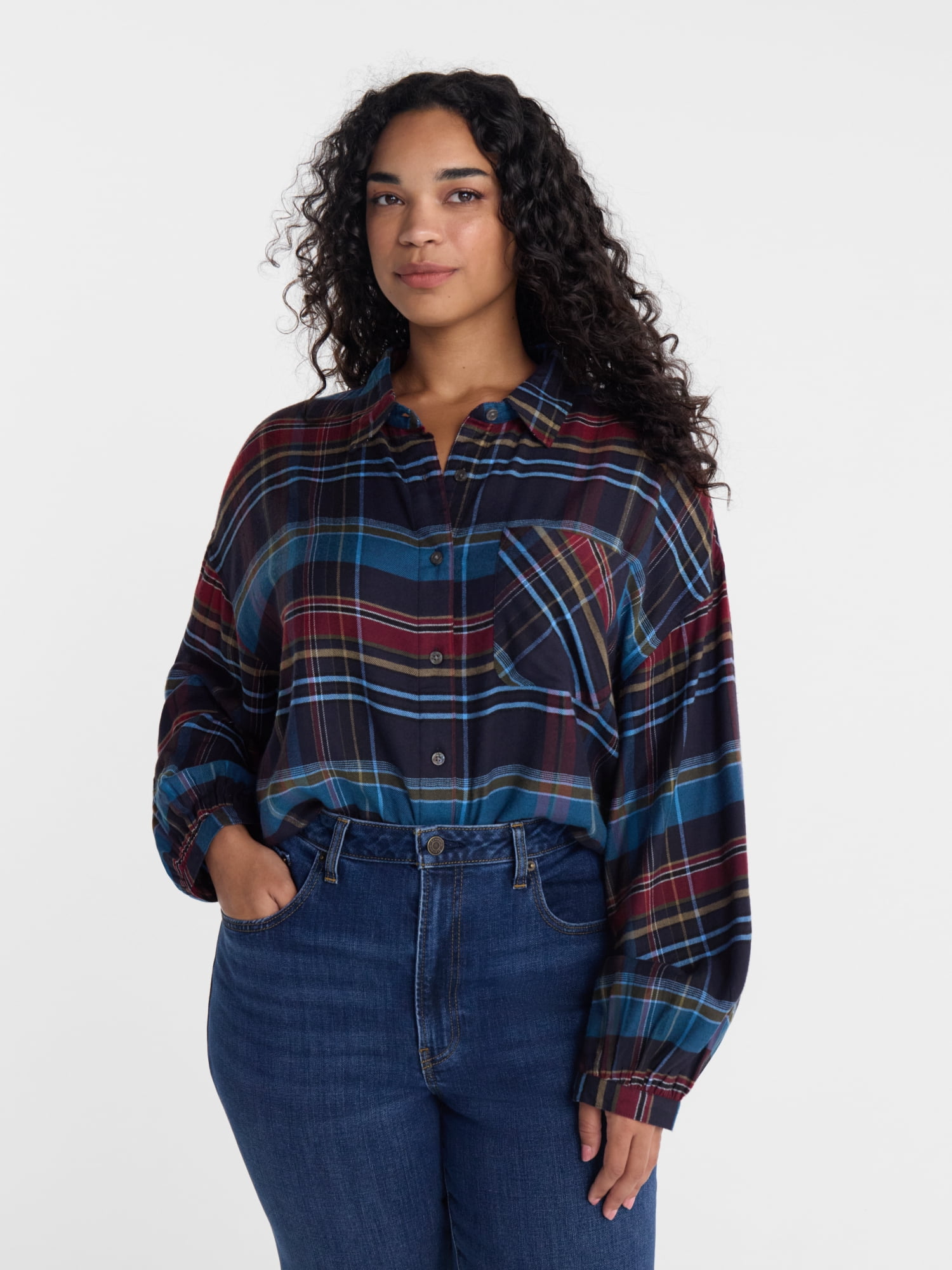 Scenario Women's Flannel Shirt with Long Sleeves, Sizes XS-XXXL