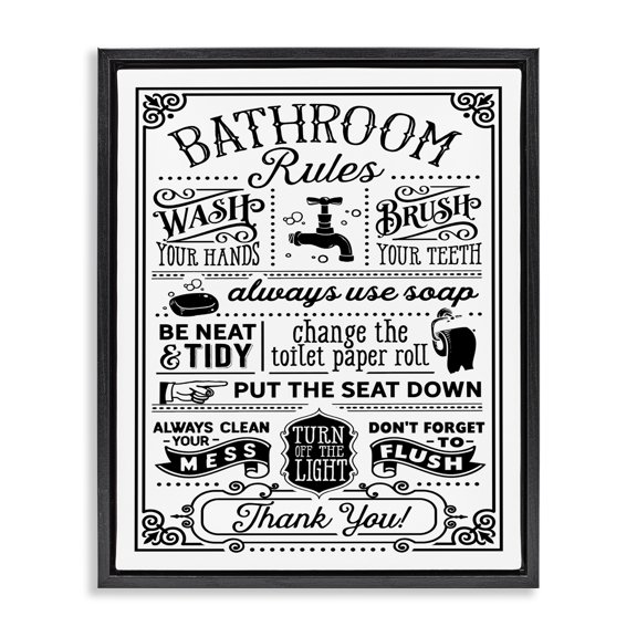 Stupell Industries Rustic Lodge Vintage Style Bathroom Rules Diagram List Border Black Floating Frame Canvas Art, 17 x 21, by Lettered and Lined