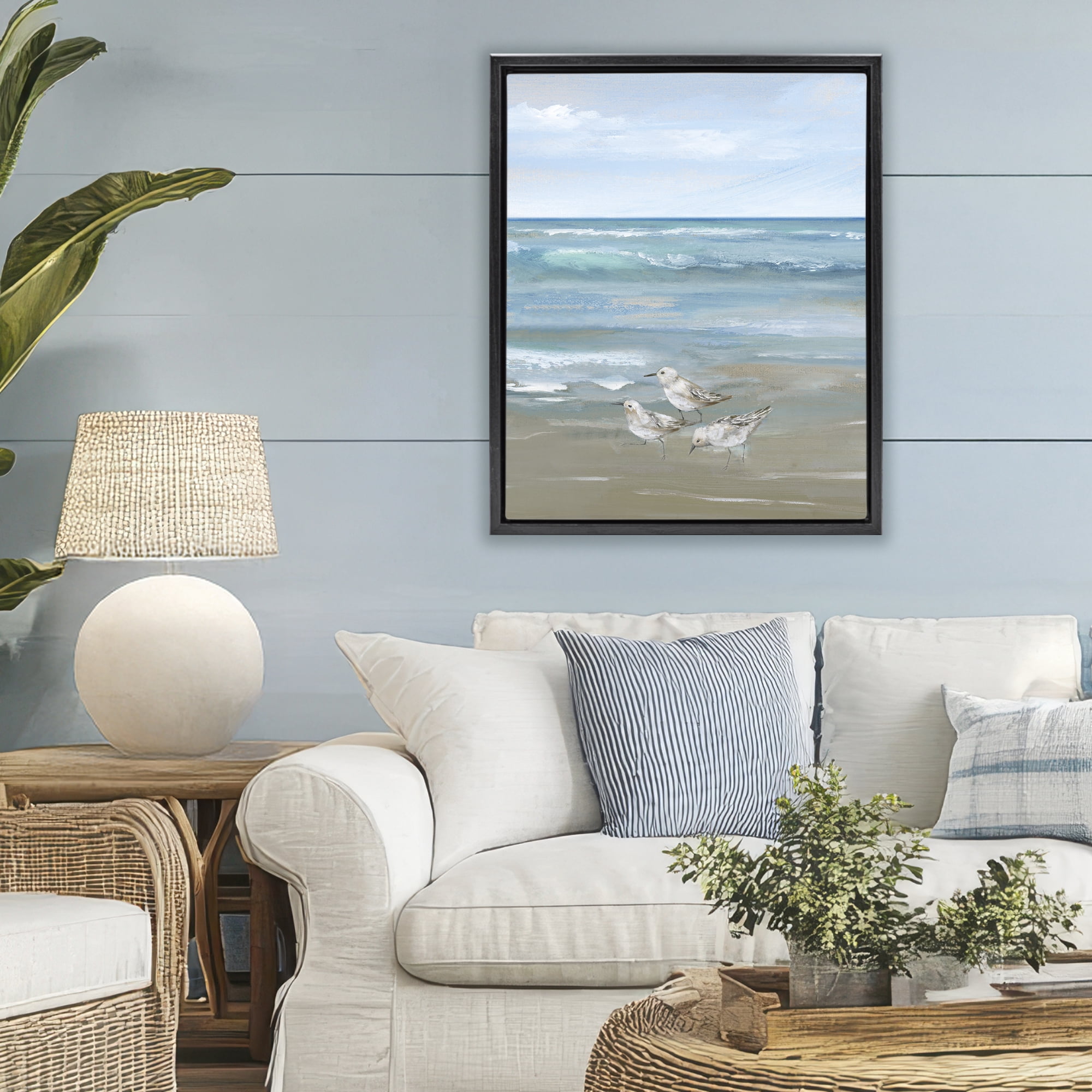 Stupell Industries Sanderlings on Gentle Waves Black Framed Floater Canvas Wall Art, design by Nan